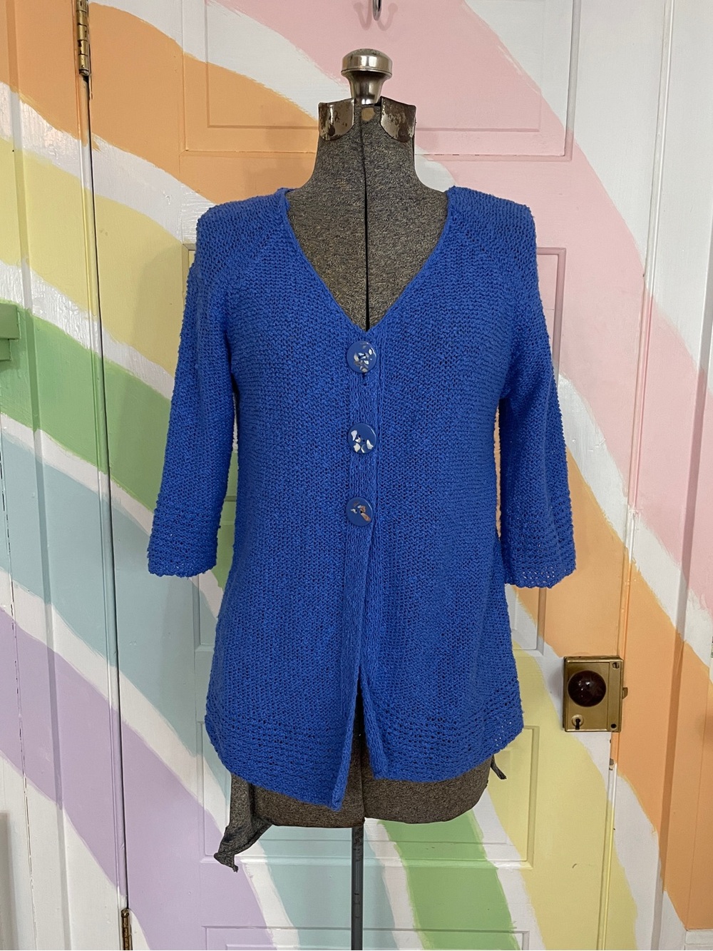Lulu-B 3 Button Blue Knit V Neck 3/4 Sleeve Textured Cardigan Sz S 💚🎀